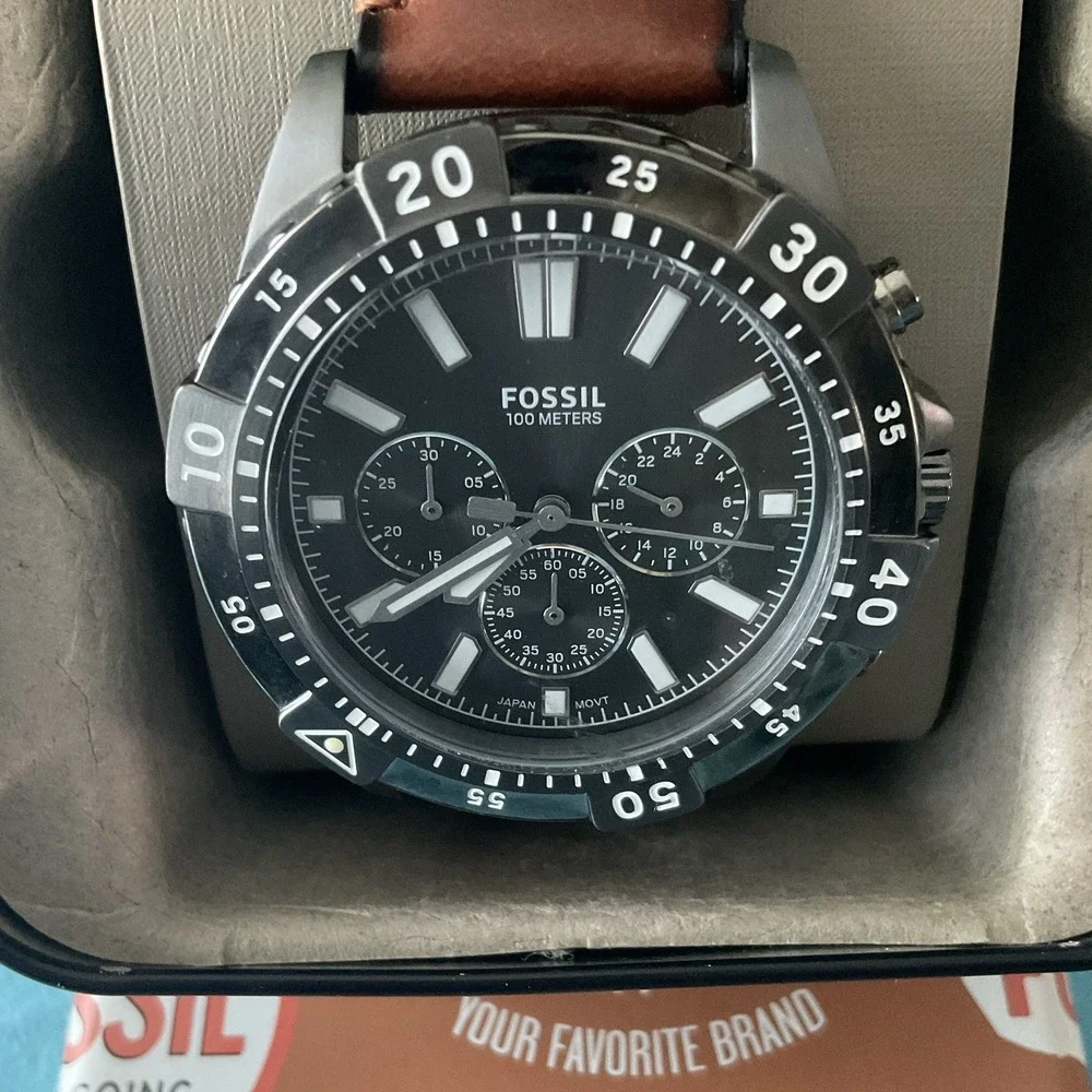 Fossil 54 Men's Chronograph Date Quartz Watch Brown Leather Black Dial 44mm